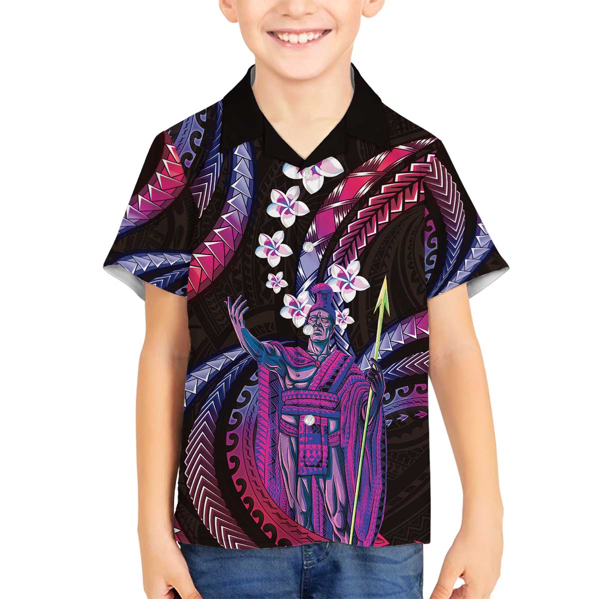 Hawaii King Kamehameha Family Matching Off The Shoulder Long Sleeve Dress and Hawaiian Shirt Fantastic Plumeria Sweet Vibes