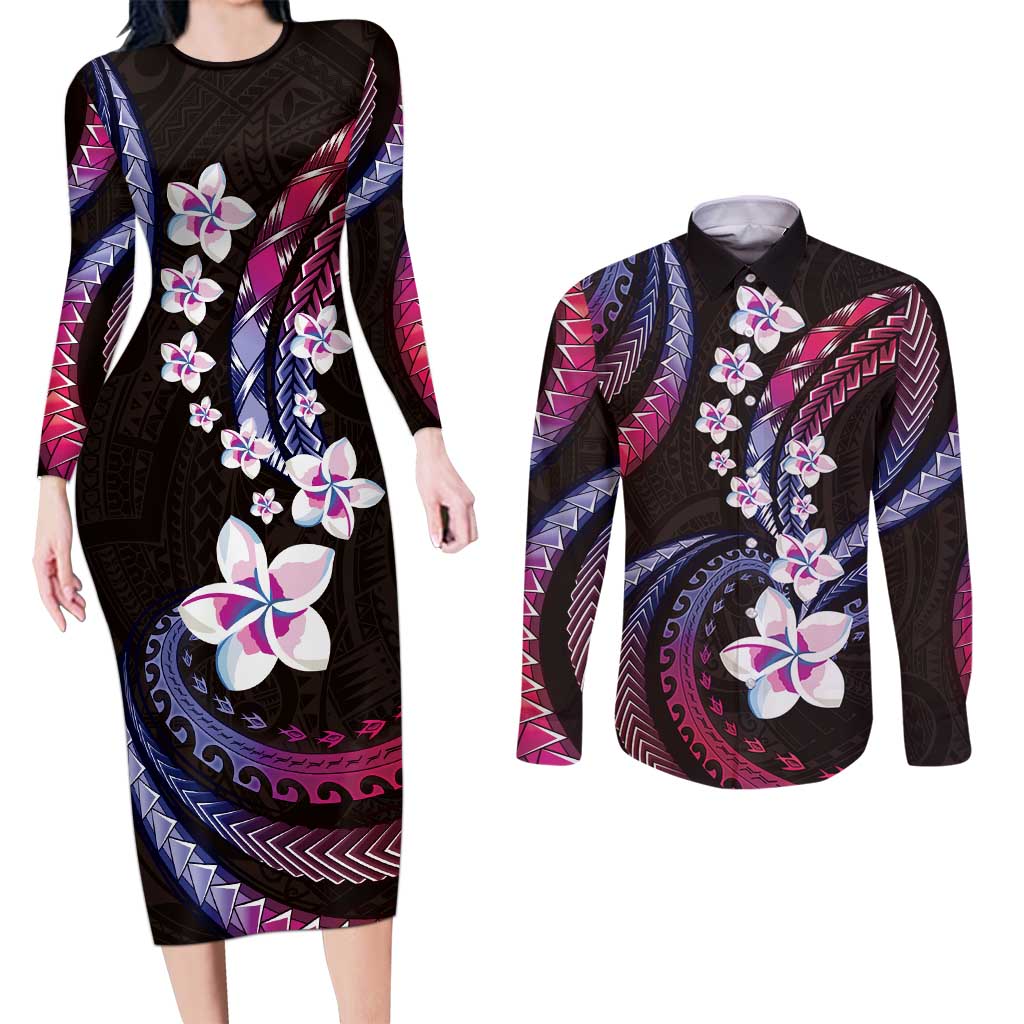 Hawaii Plumeria Couples Matching Long Sleeve Bodycon Dress and Long Sleeve Button Shirt Sweet Gradient Polynesian Pattern