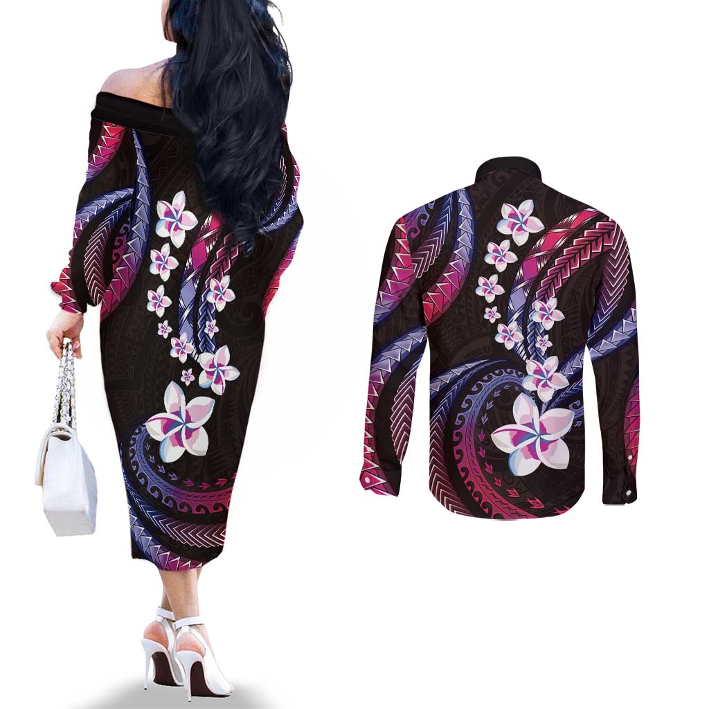 Hawaii Plumeria Couples Matching Off The Shoulder Long Sleeve Dress and Long Sleeve Button Shirt Sweet Gradient Polynesian Pattern