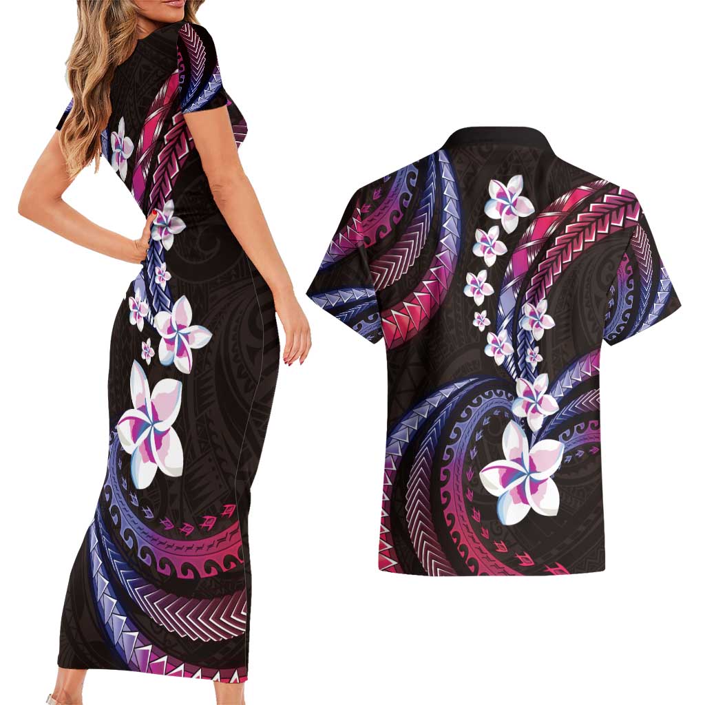 Hawaii Plumeria Couples Matching Short Sleeve Bodycon Dress and Hawaiian Shirt Sweet Gradient Polynesian Pattern