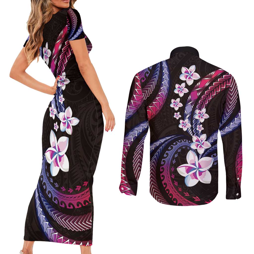 Hawaii Plumeria Couples Matching Short Sleeve Bodycon Dress and Long Sleeve Button Shirt Sweet Gradient Polynesian Pattern