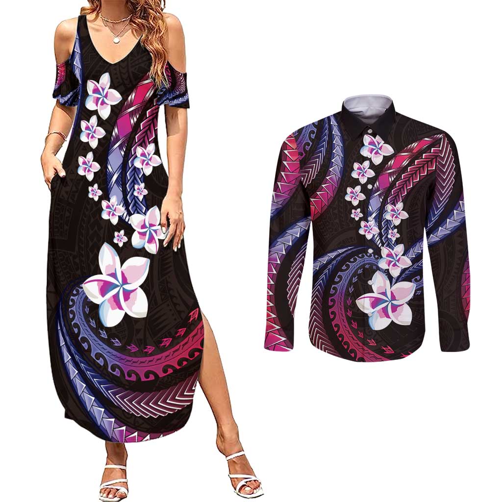 Hawaii Plumeria Couples Matching Summer Maxi Dress and Long Sleeve Button Shirt Sweet Gradient Polynesian Pattern