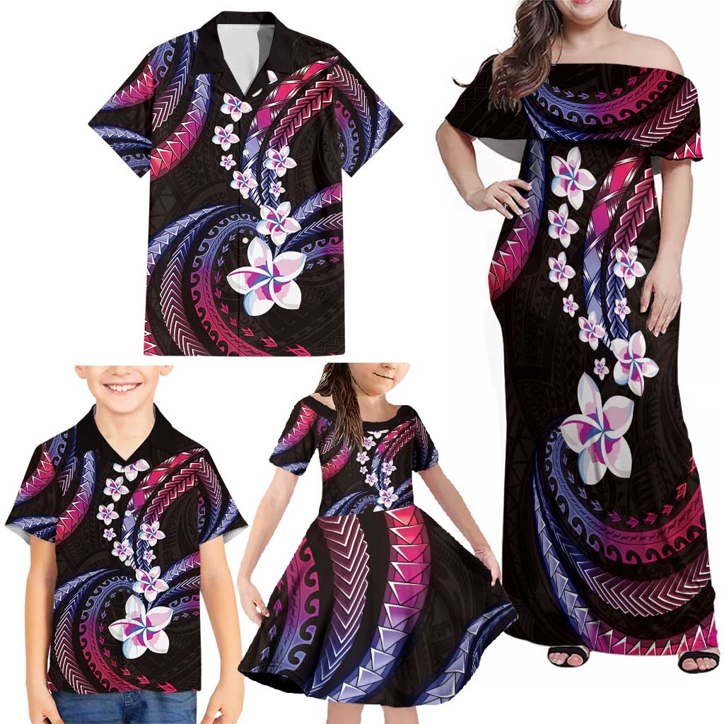 Hawaii Plumeria Family Matching Off Shoulder Maxi Dress and Hawaiian Shirt Sweet Gradient Polynesian Pattern
