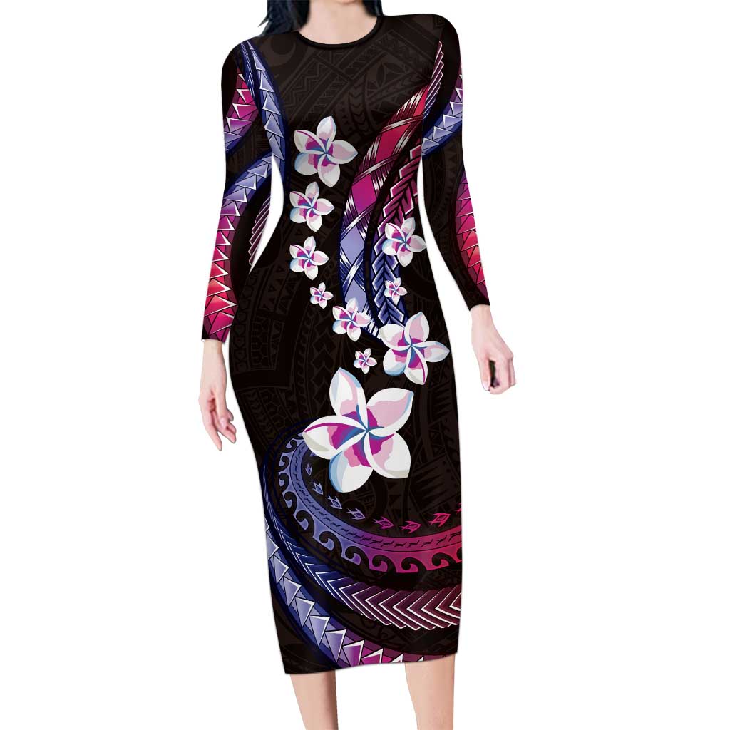 Hawaii Plumeria Long Sleeve Bodycon Dress Sweet Gradient Polynesian Pattern