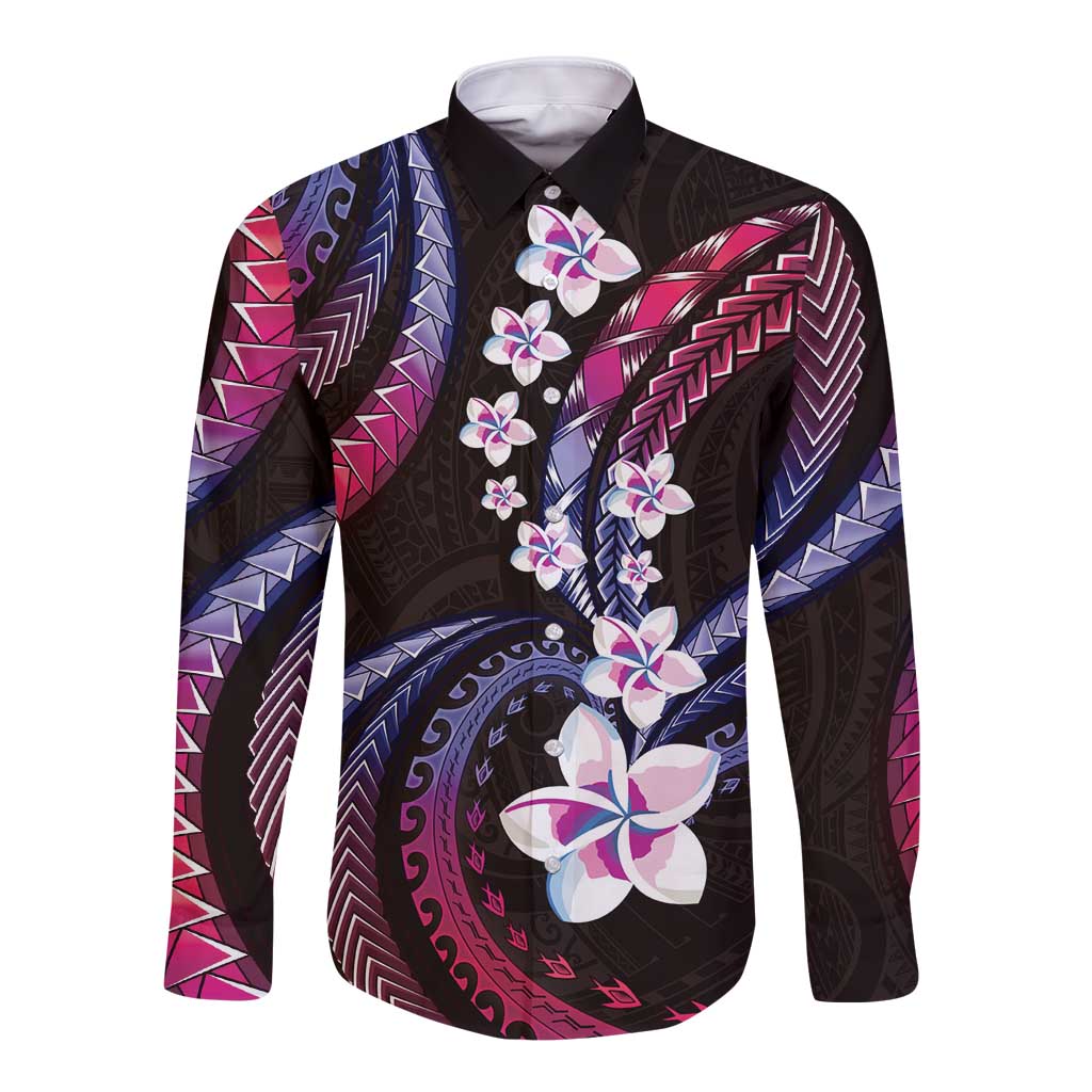 Hawaii Plumeria Long Sleeve Button Shirt Sweet Gradient Polynesian Pattern