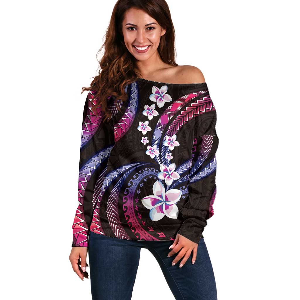 Hawaii Plumeria Off Shoulder Sweater Sweet Gradient Polynesian Pattern