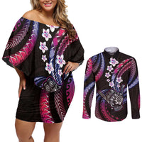 Hawaii Shaka Sign Couples Matching Off Shoulder Short Dress and Long Sleeve Button Shirt Fantastic Frangipani Sweet Vibes