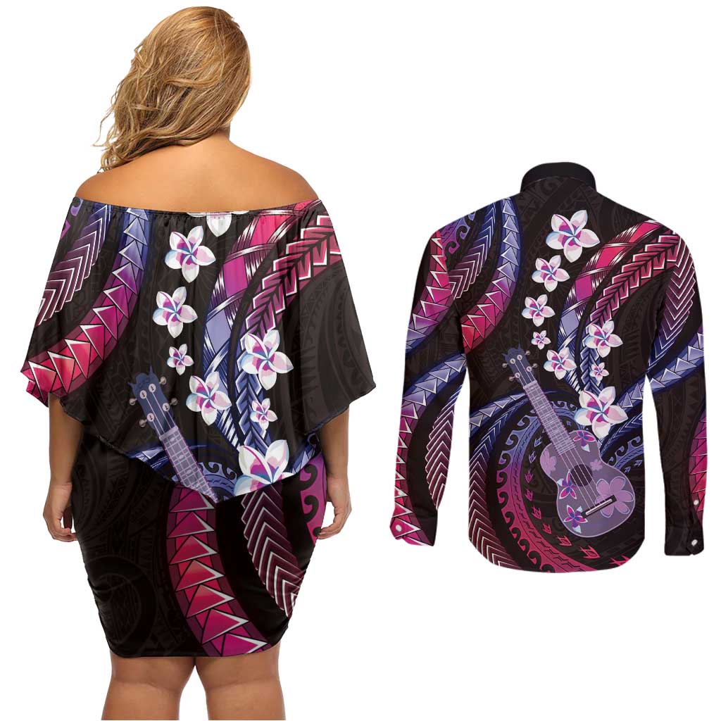 Hawaiian Ukulele Couples Matching Off Shoulder Short Dress and Long Sleeve Button Shirt Sweet Dream Fantastic Plumeria