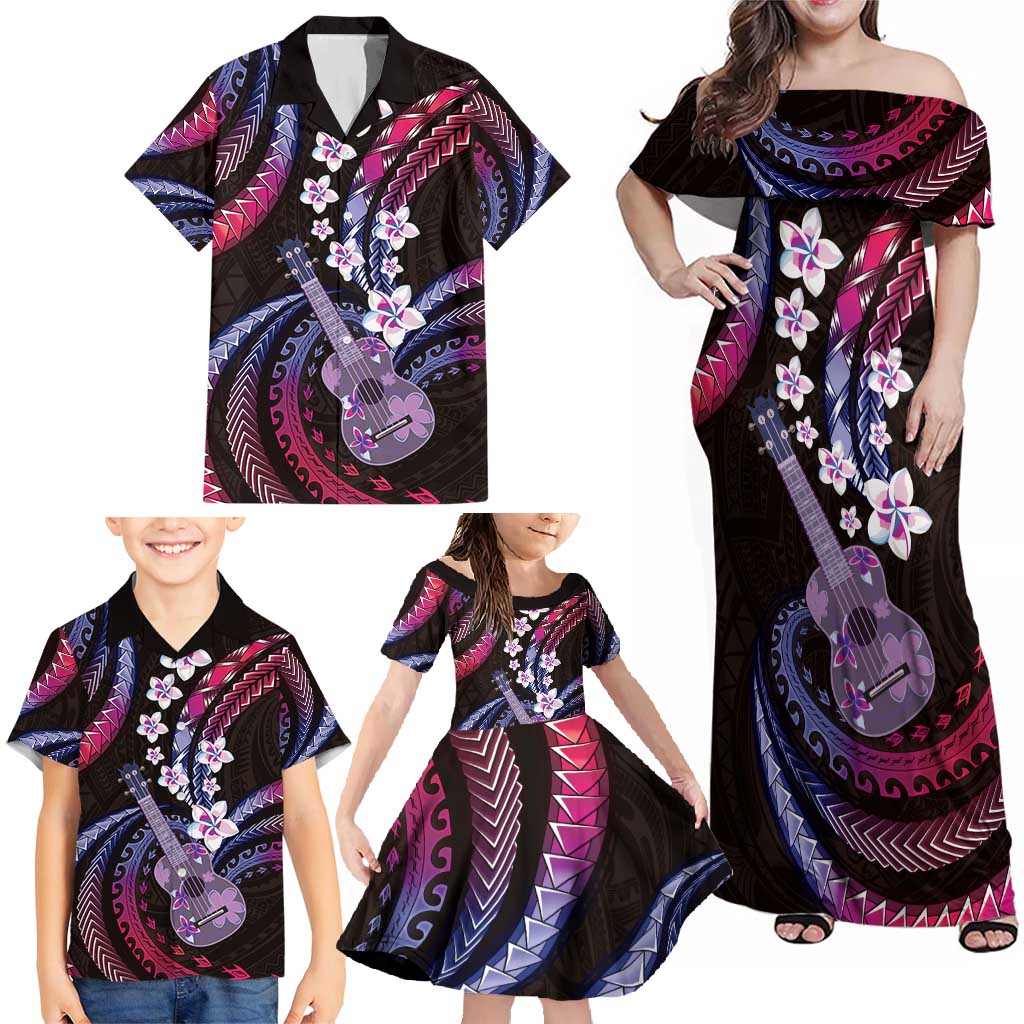Hawaiian Ukulele Family Matching Off Shoulder Maxi Dress and Hawaiian Shirt Sweet Dream Fantastic Plumeria