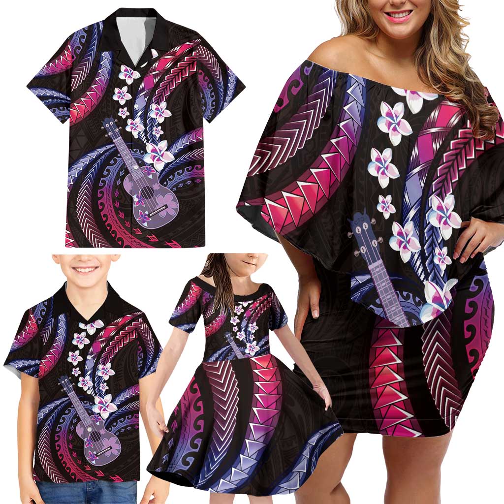 Hawaiian Ukulele Family Matching Off Shoulder Short Dress and Hawaiian Shirt Sweet Dream Fantastic Plumeria