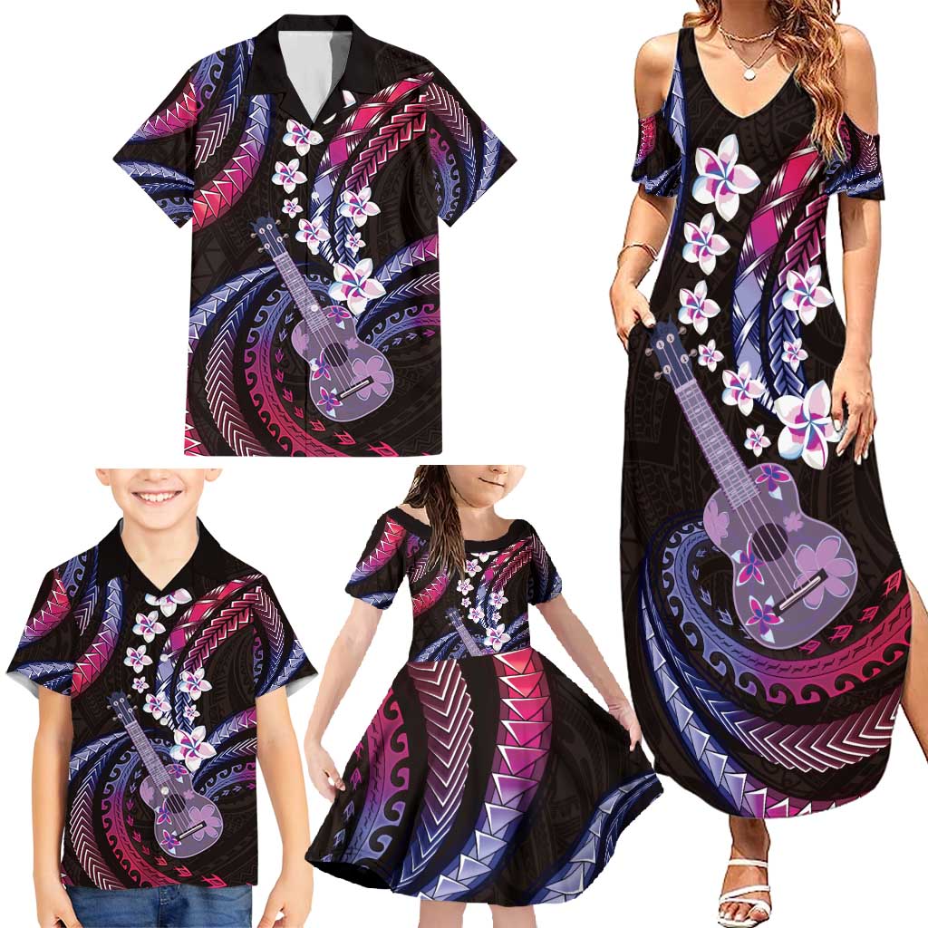 Hawaiian Ukulele Family Matching Summer Maxi Dress and Hawaiian Shirt Sweet Dream Fantastic Plumeria