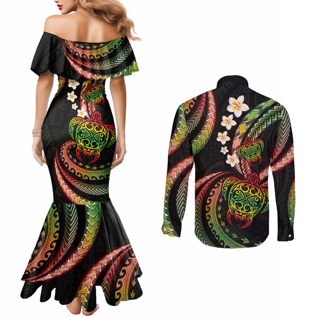 Hawaii Turtles Plumeria Couples Matching Mermaid Dress and Long Sleeve Button Shirt Reggae Polynesian Pattern