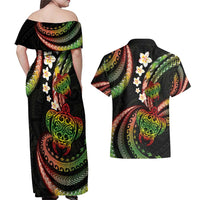 Hawaii Turtles Plumeria Couples Matching Off Shoulder Maxi Dress and Hawaiian Shirt Reggae Polynesian Pattern