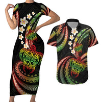 Hawaii Turtles Plumeria Couples Matching Short Sleeve Bodycon Dress and Hawaiian Shirt Reggae Polynesian Pattern