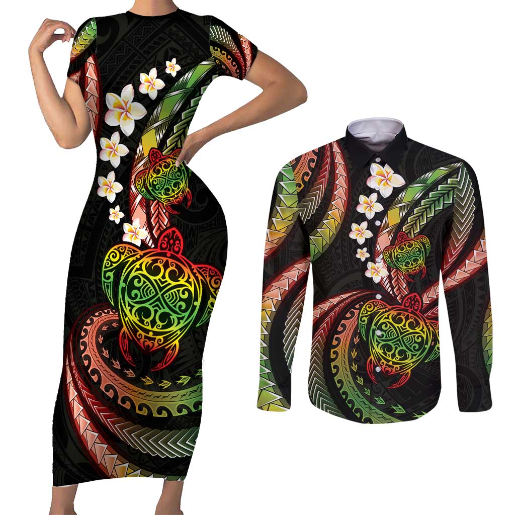 Hawaii Turtles Plumeria Couples Matching Short Sleeve Bodycon Dress and Long Sleeve Button Shirt Reggae Polynesian Pattern