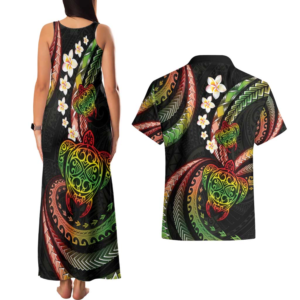 Hawaii Turtles Plumeria Couples Matching Tank Maxi Dress and Hawaiian Shirt Reggae Polynesian Pattern