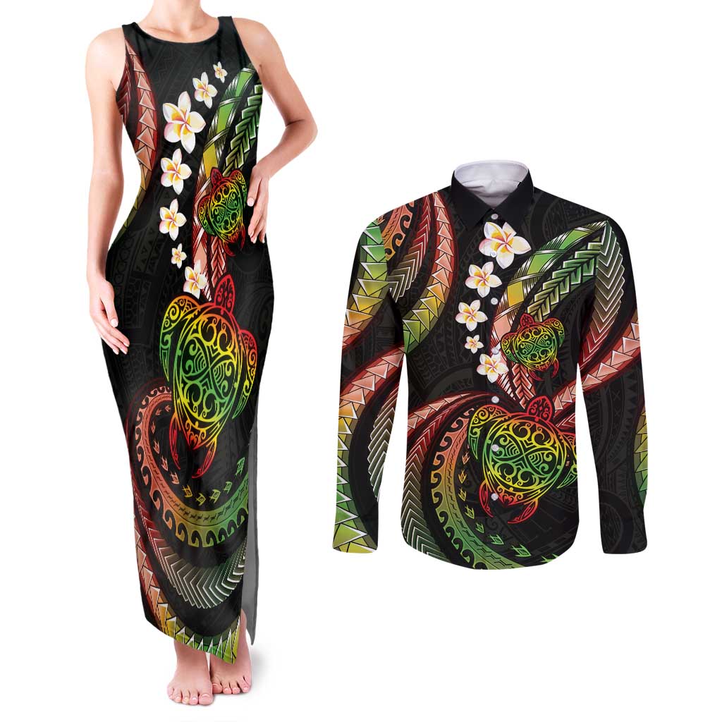 Hawaii Turtles Plumeria Couples Matching Tank Maxi Dress and Long Sleeve Button Shirt Reggae Polynesian Pattern
