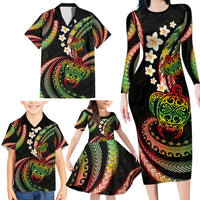 Hawaii Turtles Plumeria Family Matching Long Sleeve Bodycon Dress and Hawaiian Shirt Reggae Polynesian Pattern