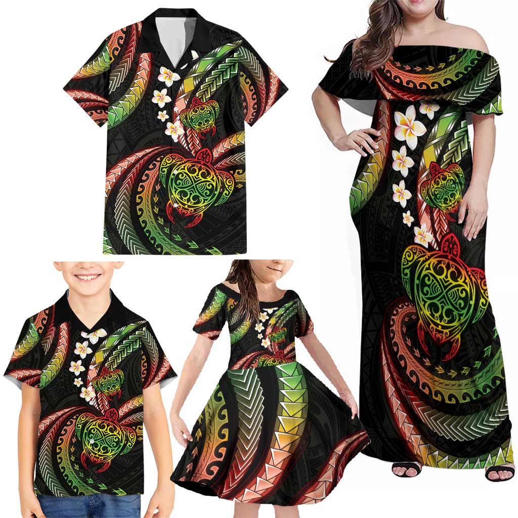 Hawaii Turtles Plumeria Family Matching Off Shoulder Maxi Dress and Hawaiian Shirt Reggae Polynesian Pattern