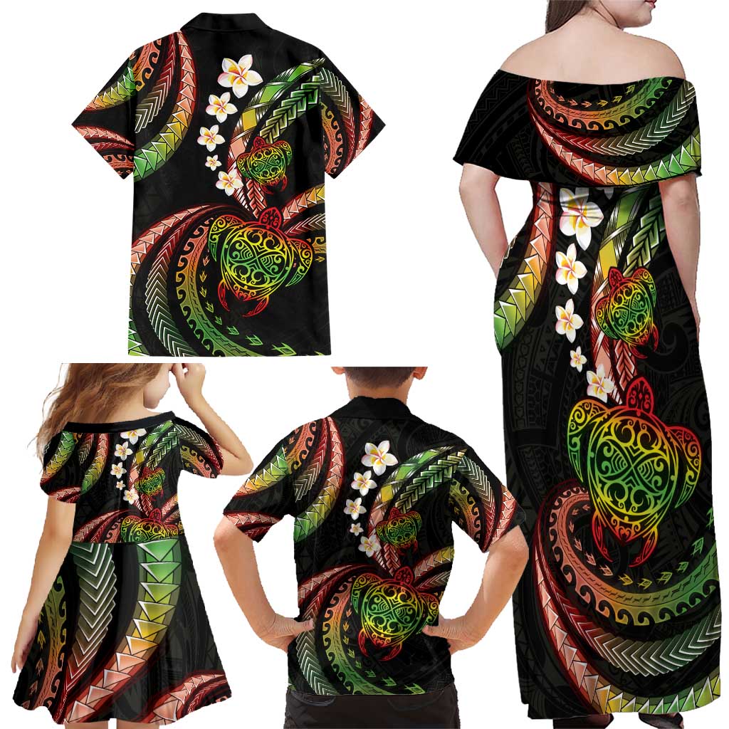 Hawaii Turtles Plumeria Family Matching Off Shoulder Maxi Dress and Hawaiian Shirt Reggae Polynesian Pattern