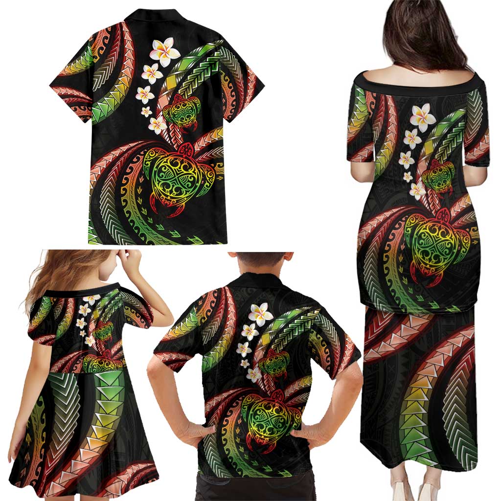 Hawaii Turtles Plumeria Family Matching Puletasi and Hawaiian Shirt Reggae Polynesian Pattern