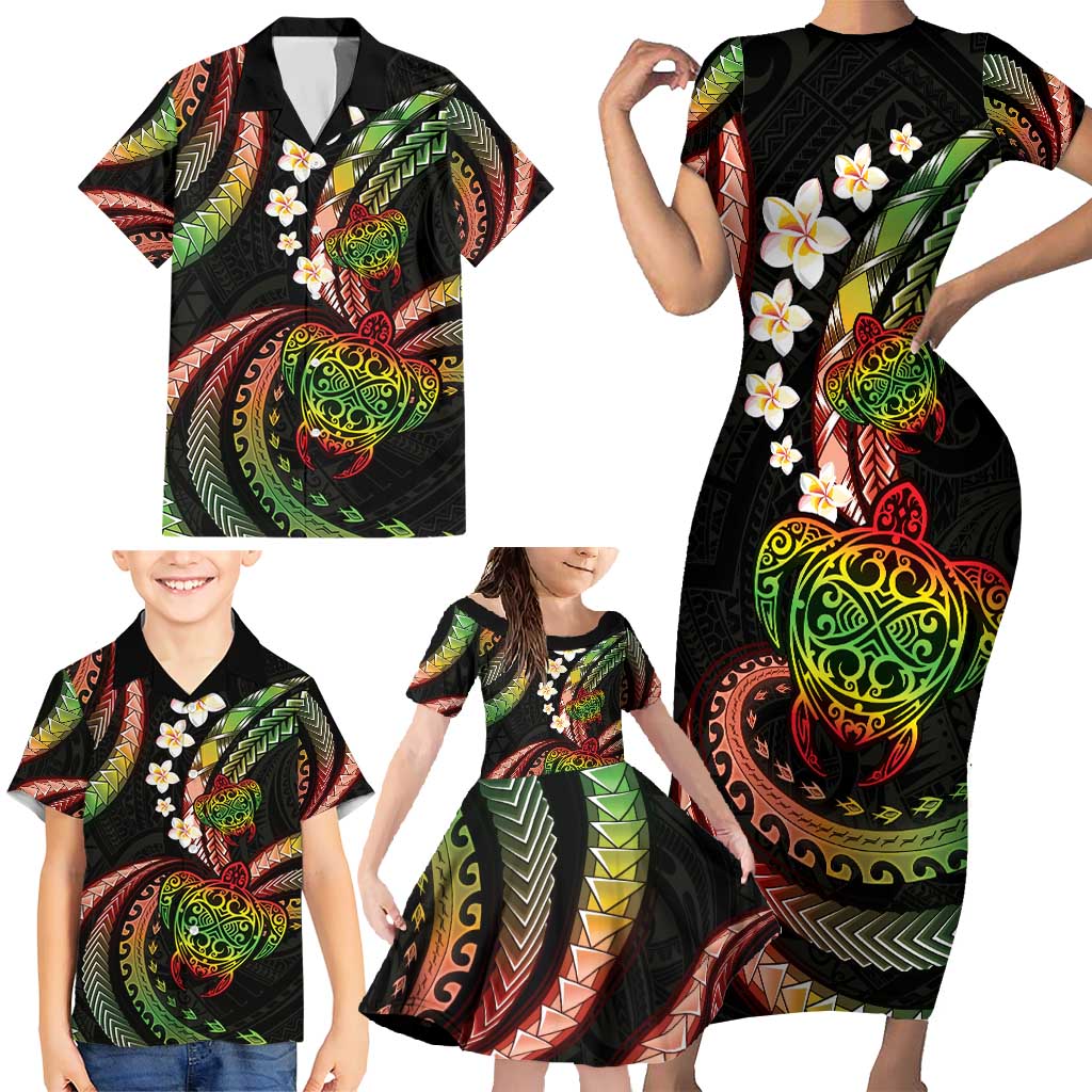 Hawaii Turtles Plumeria Family Matching Short Sleeve Bodycon Dress and Hawaiian Shirt Reggae Polynesian Pattern