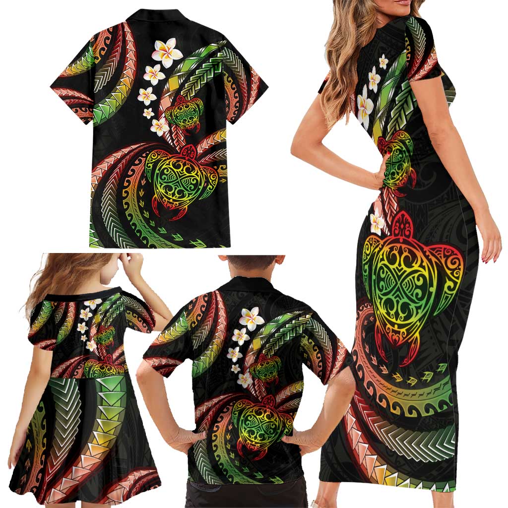 Hawaii Turtles Plumeria Family Matching Short Sleeve Bodycon Dress and Hawaiian Shirt Reggae Polynesian Pattern