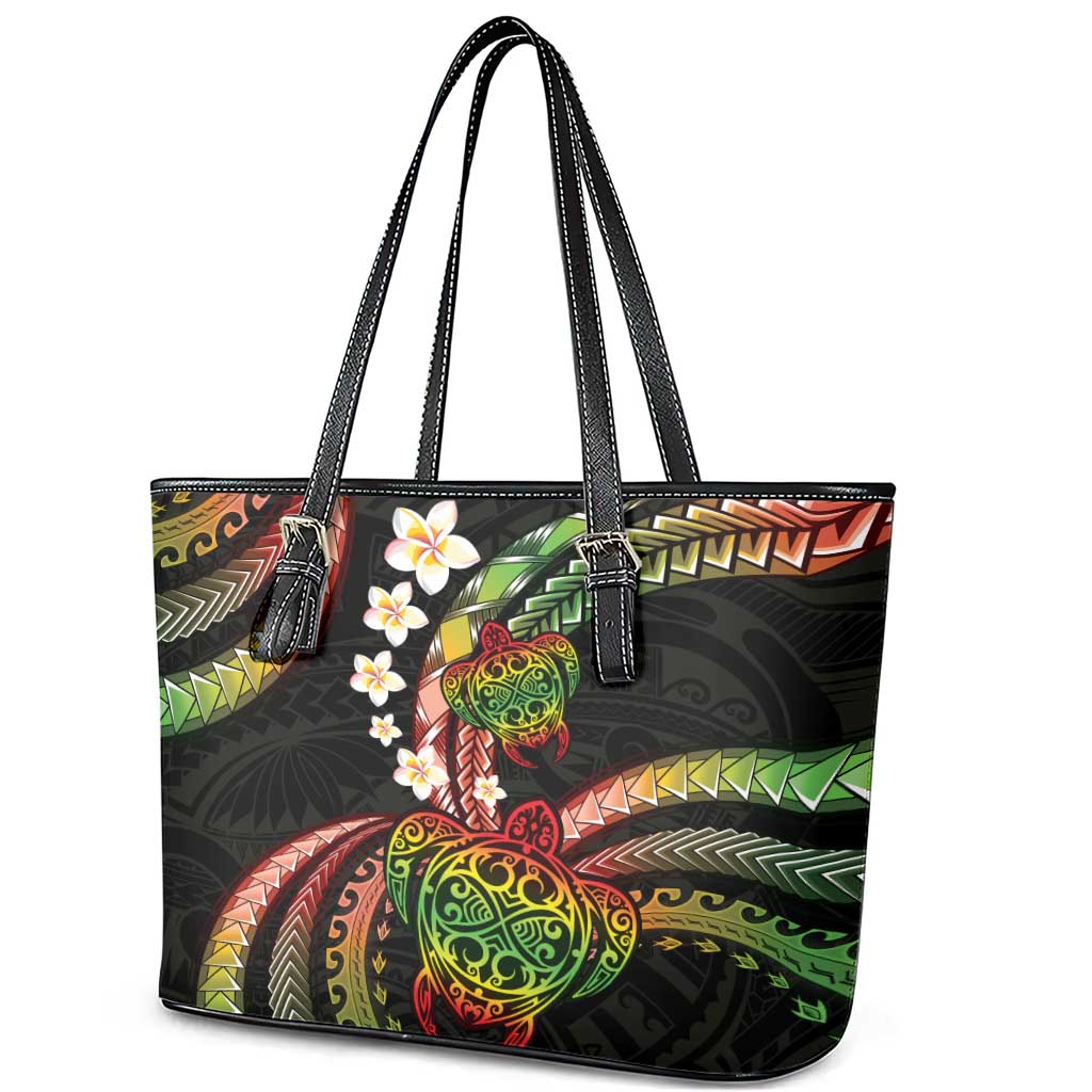 Hawaii Turtles Plumeria Leather Tote Bag Reggae Polynesian Pattern