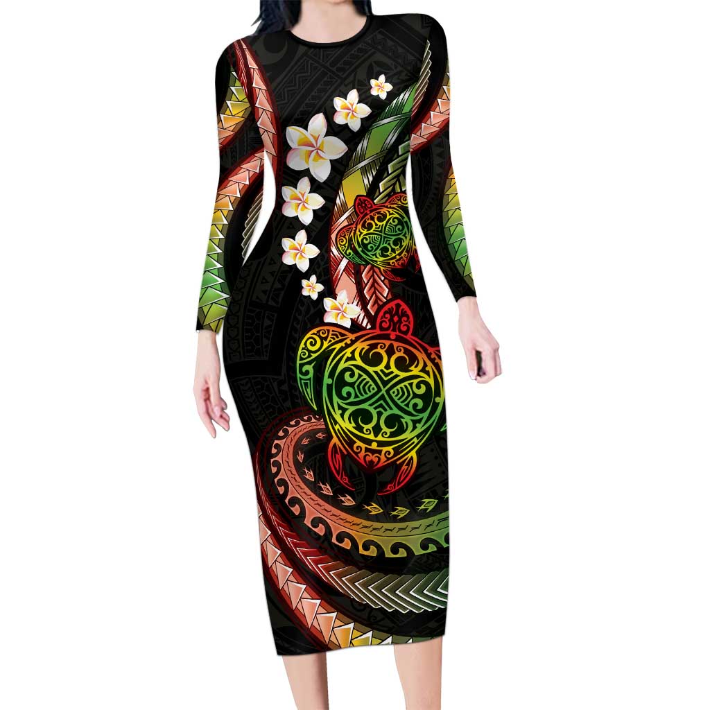 Hawaii Turtles Plumeria Long Sleeve Bodycon Dress Reggae Polynesian Pattern