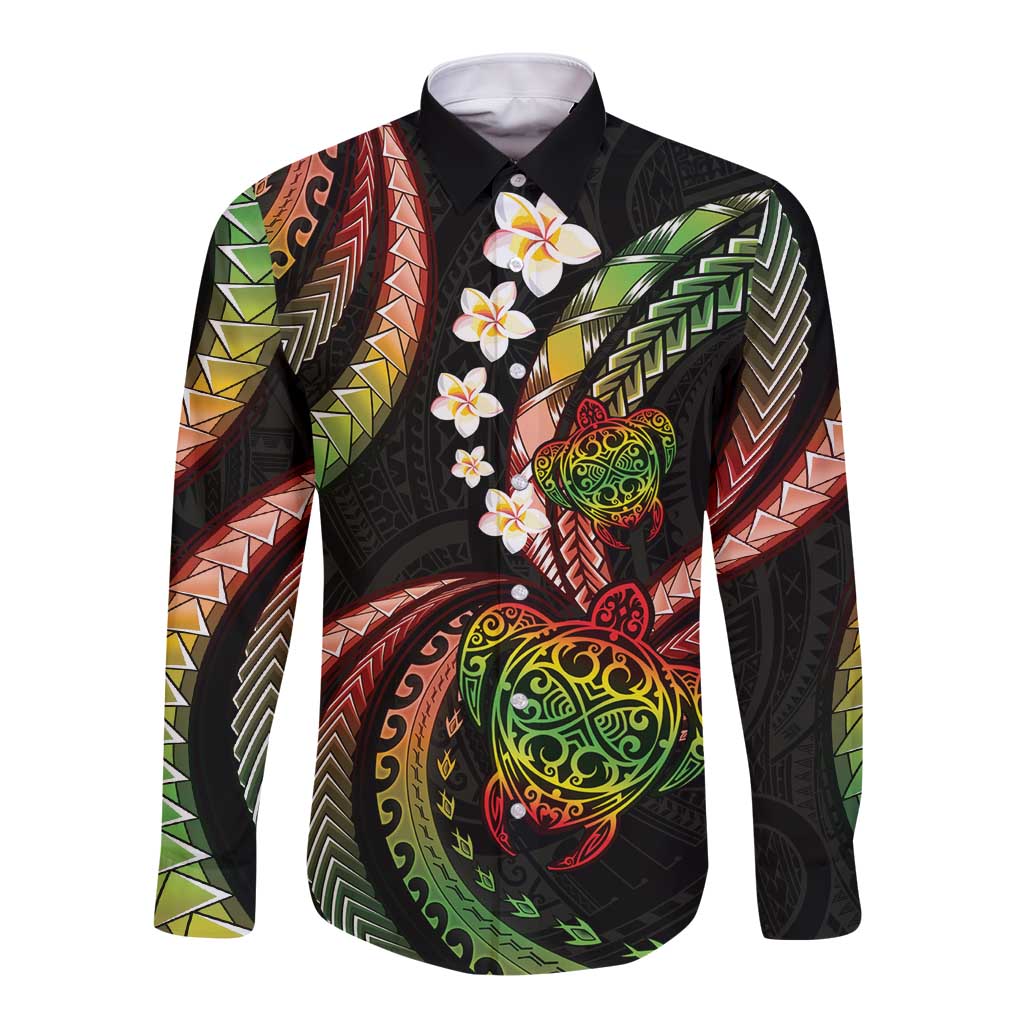 Hawaii Turtles Plumeria Long Sleeve Button Shirt Reggae Polynesian Pattern