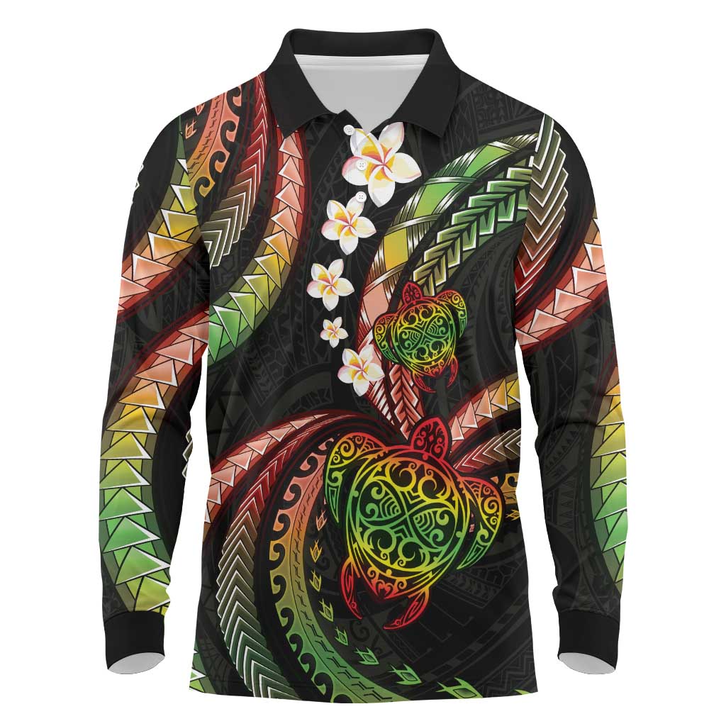 Hawaii Turtles Plumeria Long Sleeve Polo Shirt Reggae Polynesian Pattern