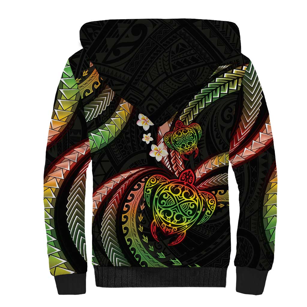 Hawaii Turtles Plumeria Sherpa Hoodie Reggae Polynesian Pattern