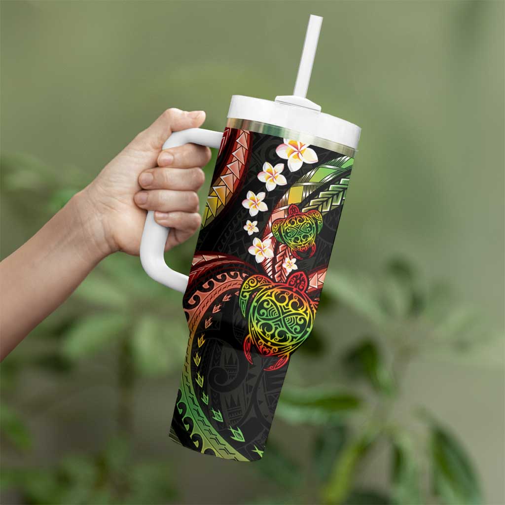 Hawaii Turtles Plumeria Tumbler With Handle Reggae Polynesian Pattern