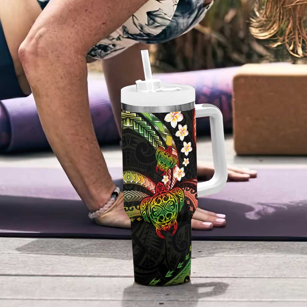 Hawaii Turtles Plumeria Tumbler With Handle Reggae Polynesian Pattern