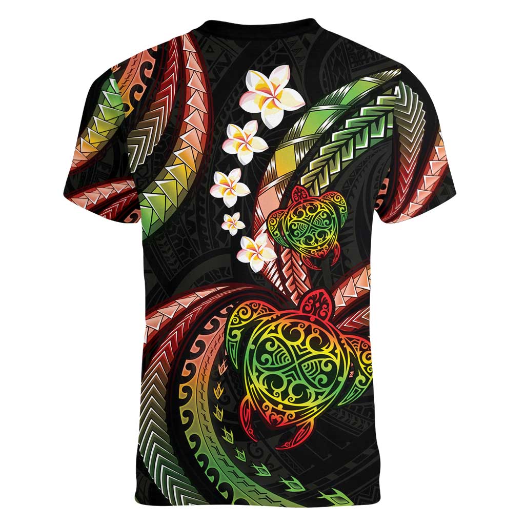 Hawaii Turtles Plumeria Women V-Neck T-Shirt Reggae Polynesian Pattern