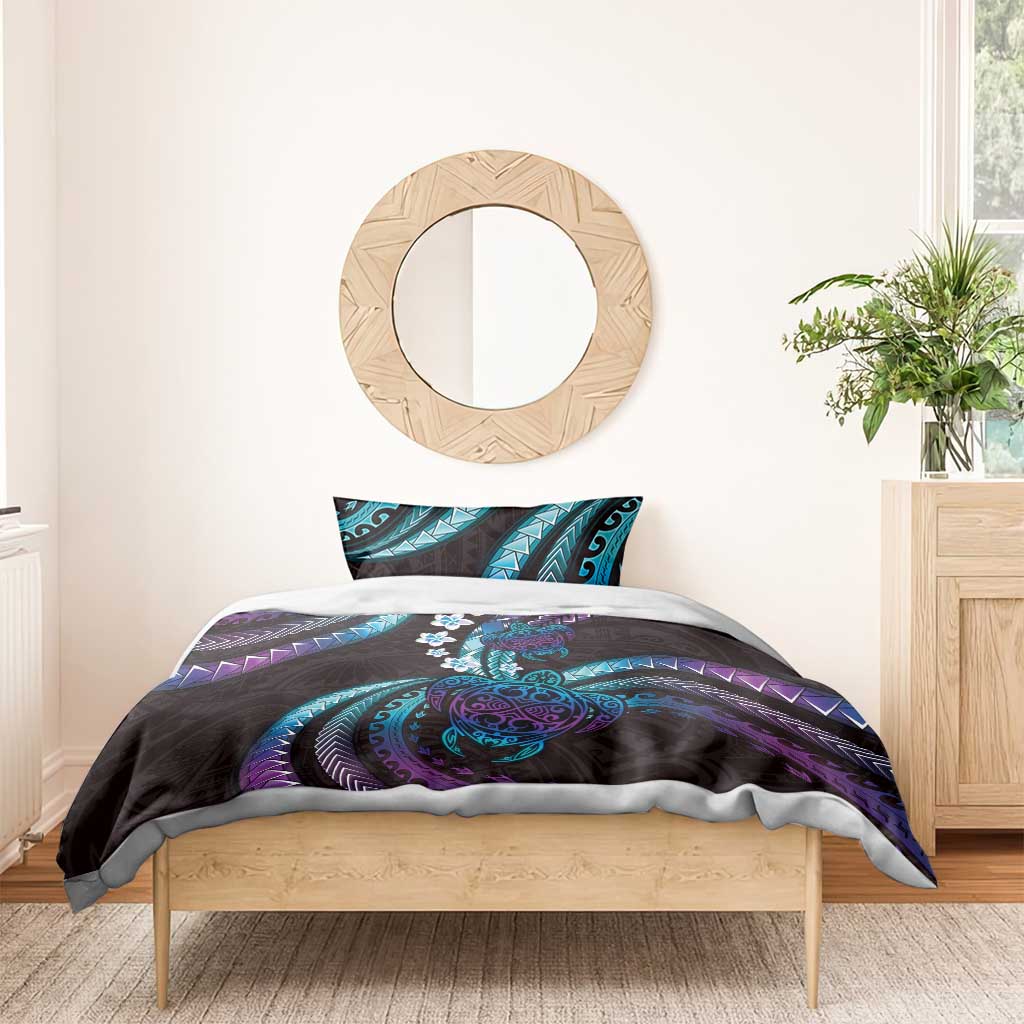 Hawaii Turtles Plumeria Bedding Set Amethyst Gradient Polynesian Pattern