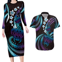 Hawaii Turtles Plumeria Couples Matching Long Sleeve Bodycon Dress and Hawaiian Shirt Amethyst Gradient Polynesian Pattern