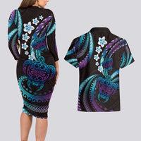 Hawaii Turtles Plumeria Couples Matching Long Sleeve Bodycon Dress and Hawaiian Shirt Amethyst Gradient Polynesian Pattern
