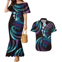 Hawaii Turtles Plumeria Couples Matching Mermaid Dress and Hawaiian Shirt Amethyst Gradient Polynesian Pattern