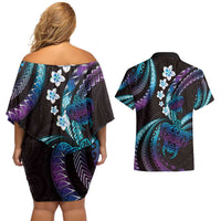 Hawaii Turtles Plumeria Couples Matching Off Shoulder Short Dress and Hawaiian Shirt Amethyst Gradient Polynesian Pattern