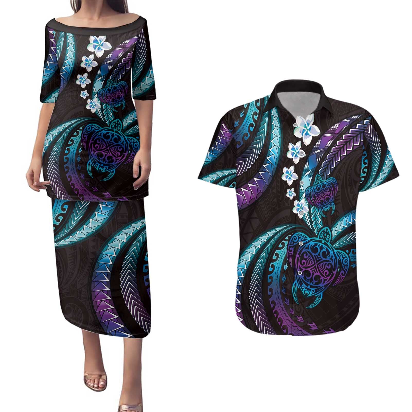 Hawaii Turtles Plumeria Couples Matching Puletasi and Hawaiian Shirt Amethyst Gradient Polynesian Pattern