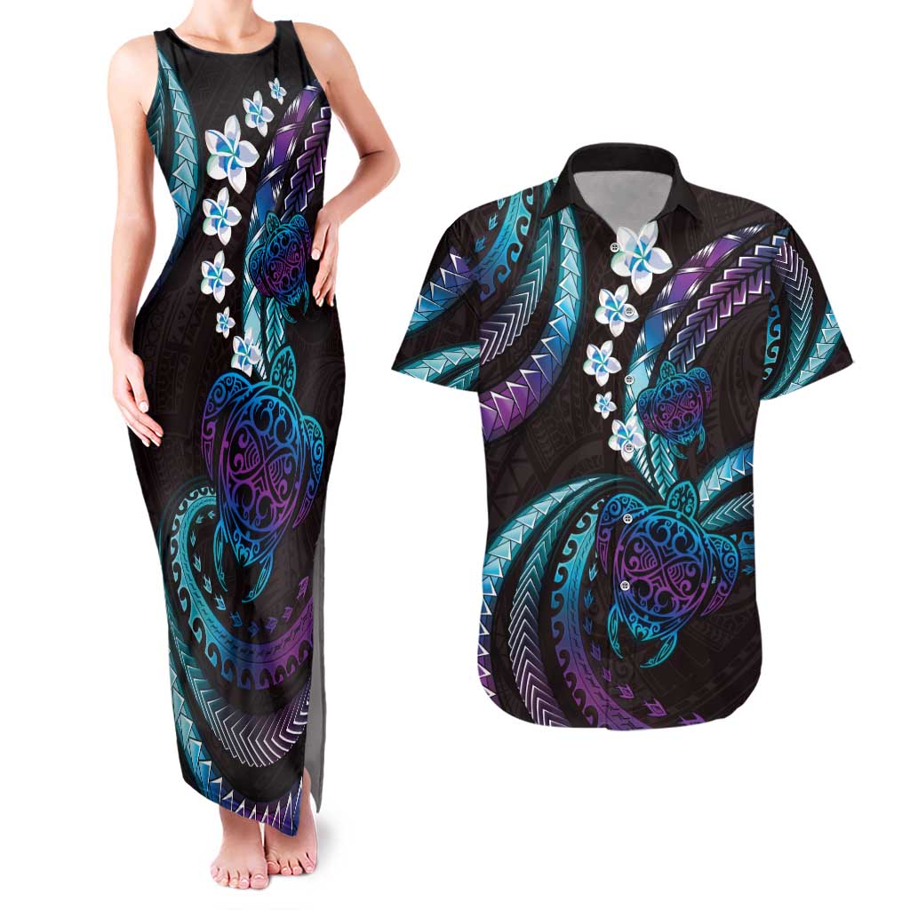 Hawaii Turtles Plumeria Couples Matching Tank Maxi Dress and Hawaiian Shirt Amethyst Gradient Polynesian Pattern