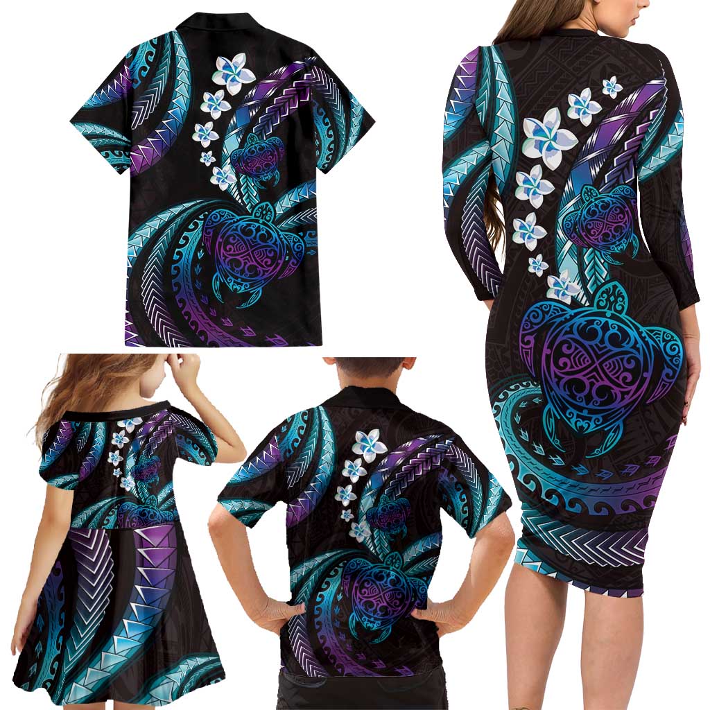 Hawaii Turtles Plumeria Family Matching Long Sleeve Bodycon Dress and Hawaiian Shirt Amethyst Gradient Polynesian Pattern