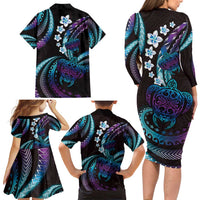 Hawaii Turtles Plumeria Family Matching Long Sleeve Bodycon Dress and Hawaiian Shirt Amethyst Gradient Polynesian Pattern