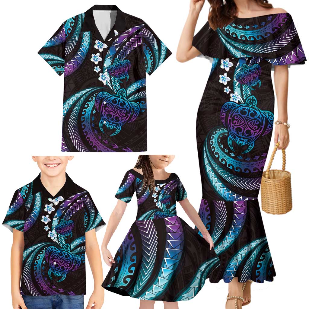 Hawaii Turtles Plumeria Family Matching Mermaid Dress and Hawaiian Shirt Amethyst Gradient Polynesian Pattern