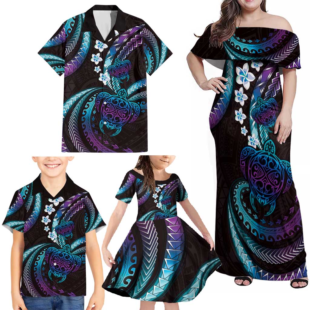 Hawaii Turtles Plumeria Family Matching Off Shoulder Maxi Dress and Hawaiian Shirt Amethyst Gradient Polynesian Pattern