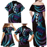 Hawaii Turtles Plumeria Family Matching Off Shoulder Maxi Dress and Hawaiian Shirt Amethyst Gradient Polynesian Pattern