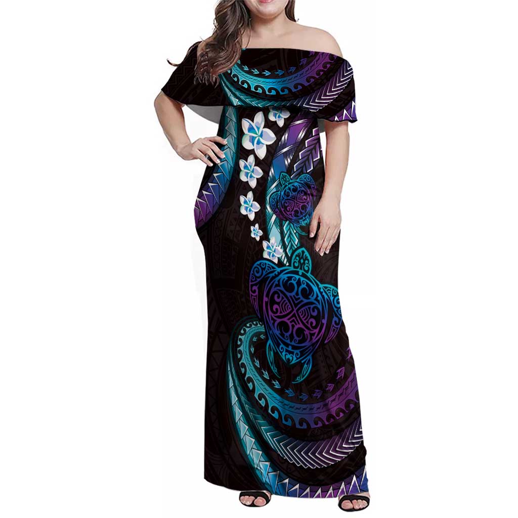 Hawaii Turtles Plumeria Family Matching Off Shoulder Maxi Dress and Hawaiian Shirt Amethyst Gradient Polynesian Pattern