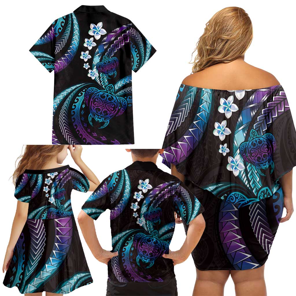 Hawaii Turtles Plumeria Family Matching Off Shoulder Short Dress and Hawaiian Shirt Amethyst Gradient Polynesian Pattern