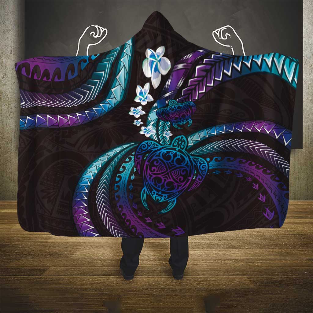 Hawaii Turtles Plumeria Hooded Blanket Amethyst Gradient Polynesian Pattern